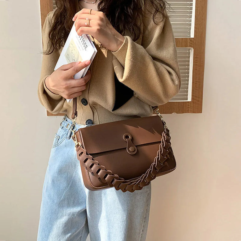 Women's Shoulder Bag Woven Chain Strap PU Leather Handbag Small Square Crossbody Bag Medium Size 28cm Width 17cm Height 7cm Depth Black Khaki White Brown
