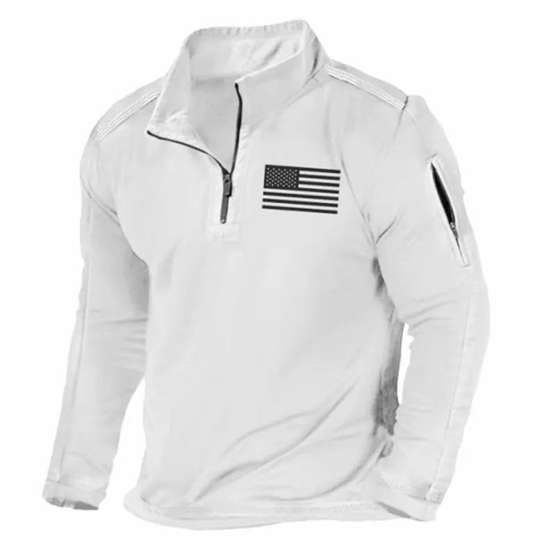 Men's zip-front sweater with stand collar in polyester fibre, showing full-length zip and long sleeves