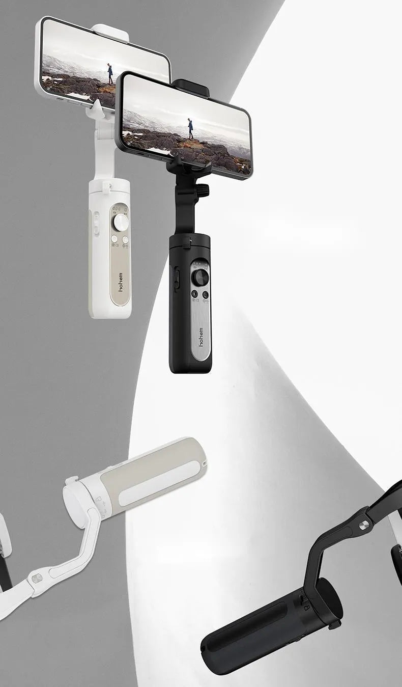 Three-axis mobile phone stabiliser with compact folded design showing black and white colour options
