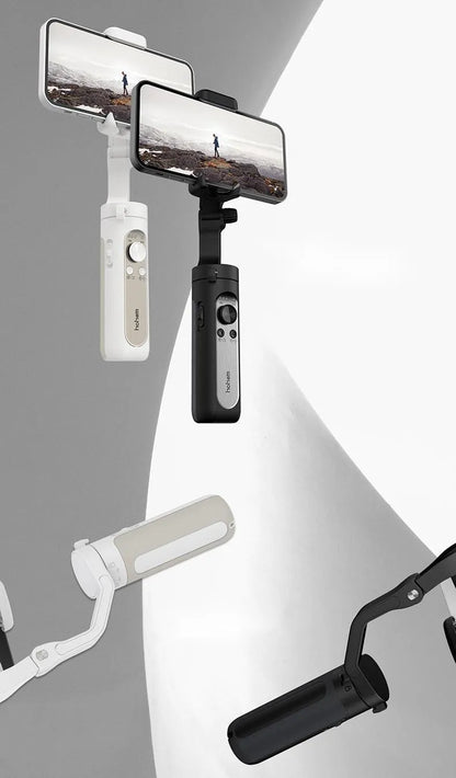 Three-axis mobile phone stabiliser with compact folded design showing black and white colour options