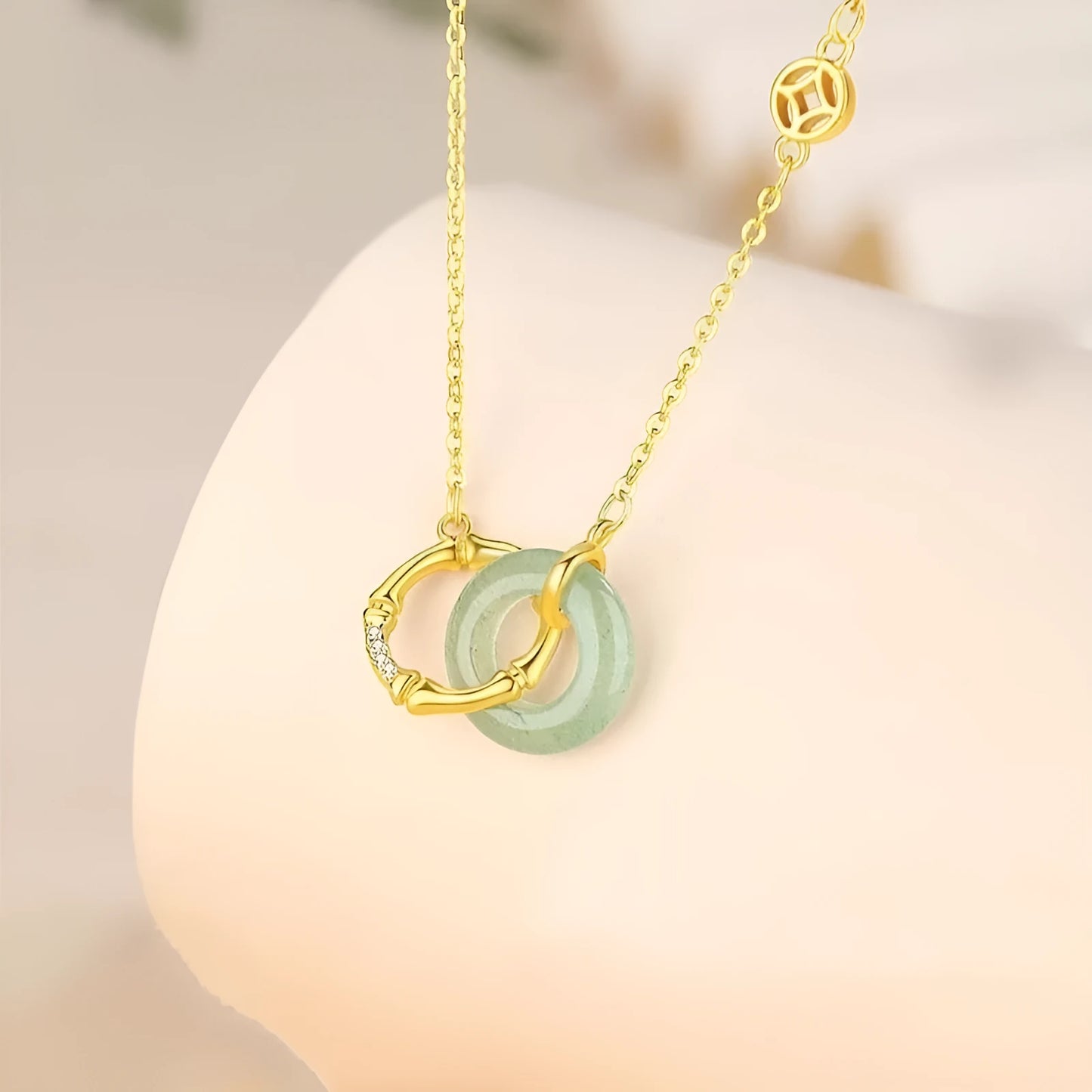 Sterling silver bamboo joint peace buckle necklace with O-ring chain and pearl accents