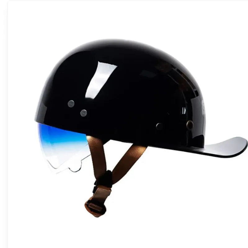 Electric bicycle helmet with retro half design in bright black gradient blue colour, showing ABS material construction and gradient lens