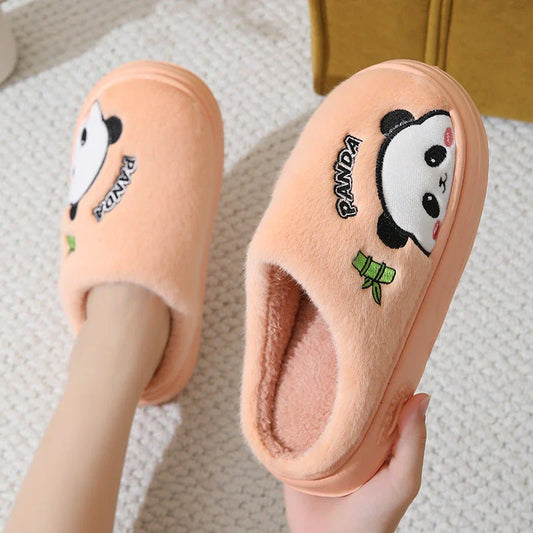 Cozy and stylish panda-themed plush slippers with a thick, cushioned sole for maximum comfort around the house