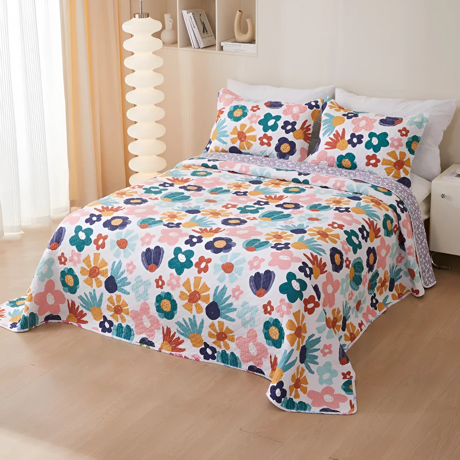 Pure cotton twill quilted bedspread three piece set with reactive printed floral pattern