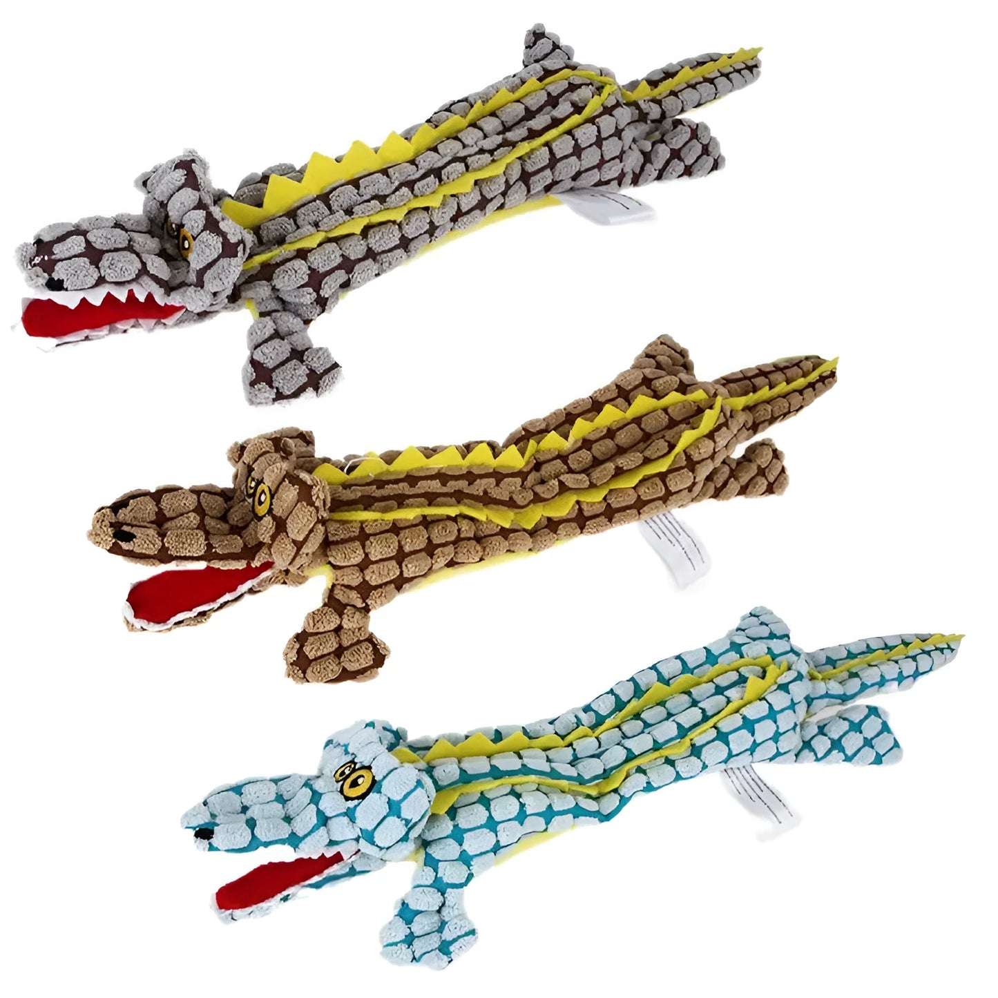 Crocodile-shaped plush dog toy with corduroy texture in blue, coffee brown, or grey colour options
