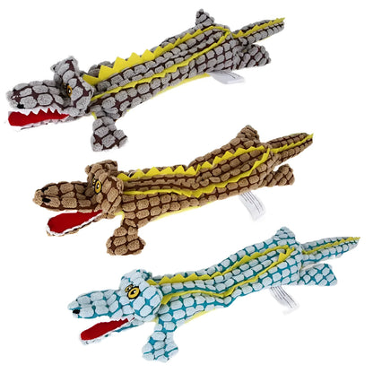 Crocodile-shaped plush dog toy with corduroy texture in blue, coffee brown, or grey colour options