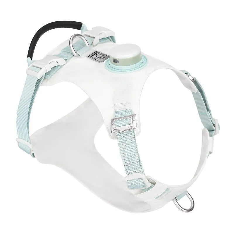 Adjustable dog chest harness with integrated LED safety light in multiple colour options