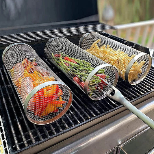 Stainless steel wire mesh grilling basket for cooking a variety of foods on the barbecue or outdoor grill