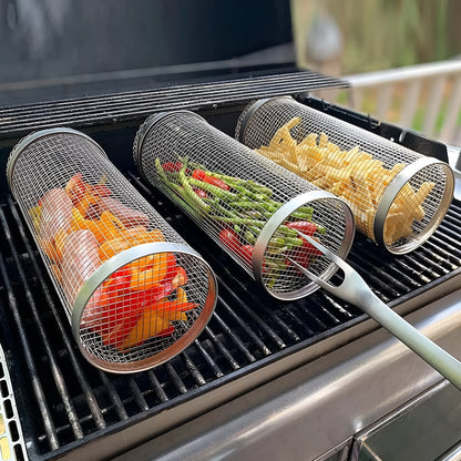 Silver iron wire rolling cylinder BBQ basket with mesh design and a hook for grilling.