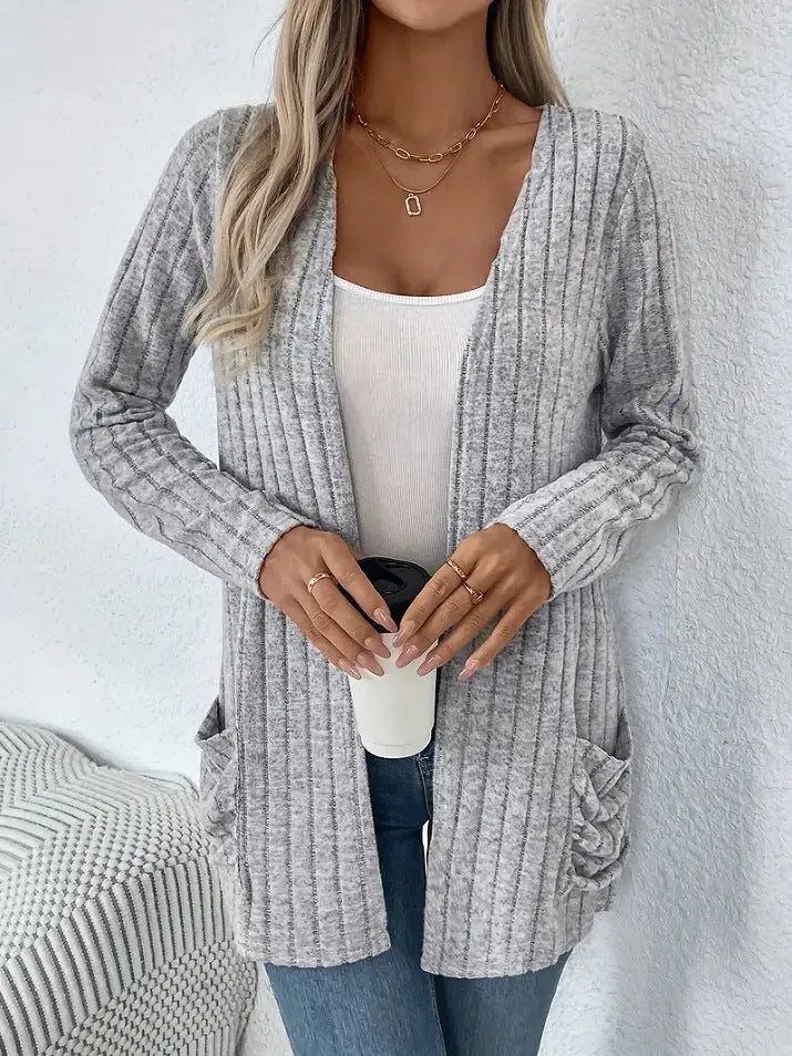 Men's solid grey loose-fitting long sleeve cardigan with side pockets
