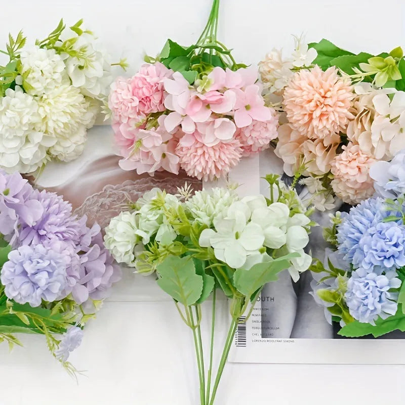 Combination artificial hydrangea flower arrangement in silk and plastic, shown in one of five available colours.