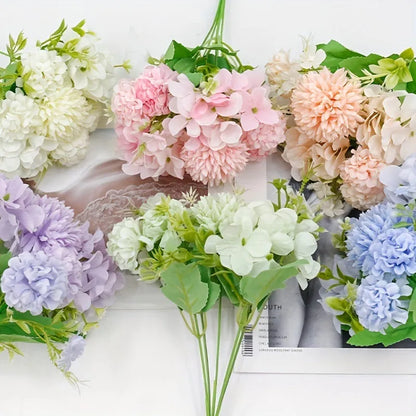 Combination artificial hydrangea flower arrangement in silk and plastic, shown in one of five available colours.