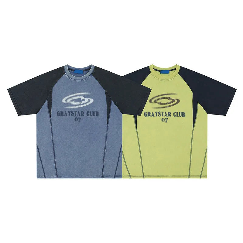 A blue men's hip hop letter print T-shirt with raglan sleeves on a hanger.