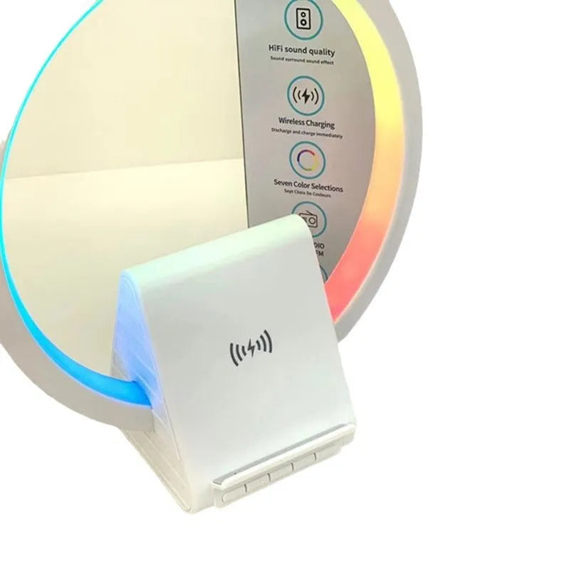 Smart Bluetooth Speaker with Ambience Light and 15W Wireless Charger, Desktop USB-Powered Speaker with Card Insertion Slot and 225x200x10mm Compact Size for Home, Outdoor, and Portable Use