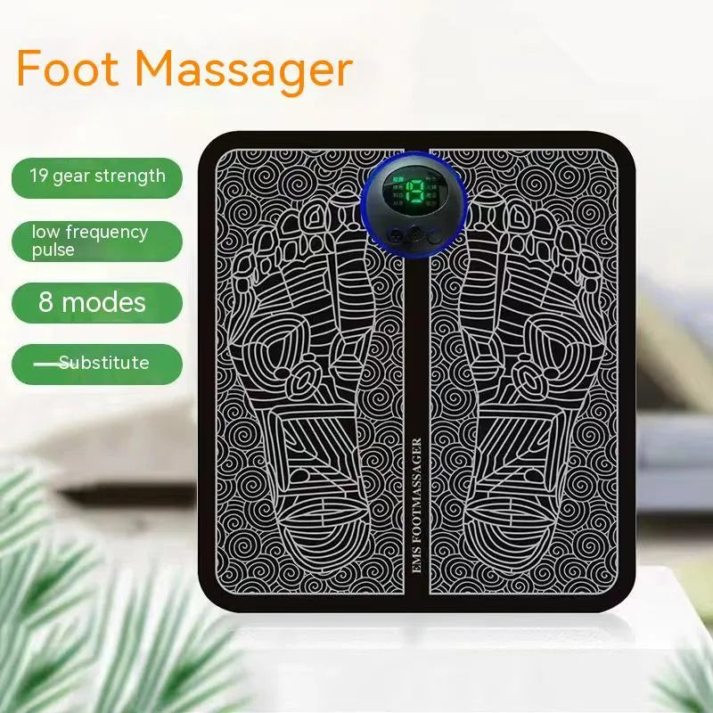 Portable EMS foot massager pad showing remote control and foldable 32.5x29.5cm design