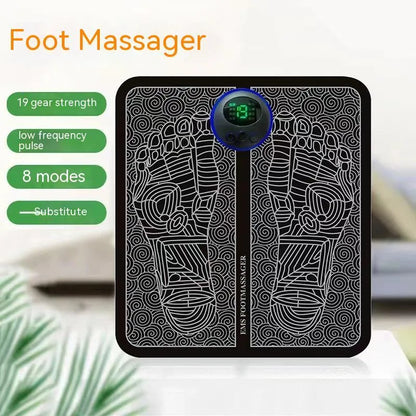 Portable EMS foot massager pad showing remote control and foldable 32.5x29.5cm design