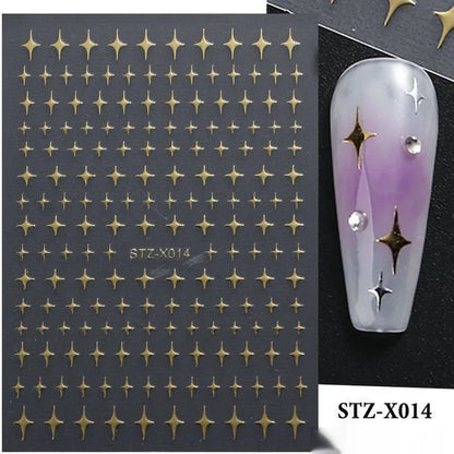 Assortment of black and silver nail sticker designs including cartoon and French tip patterns on a plastic sheet.