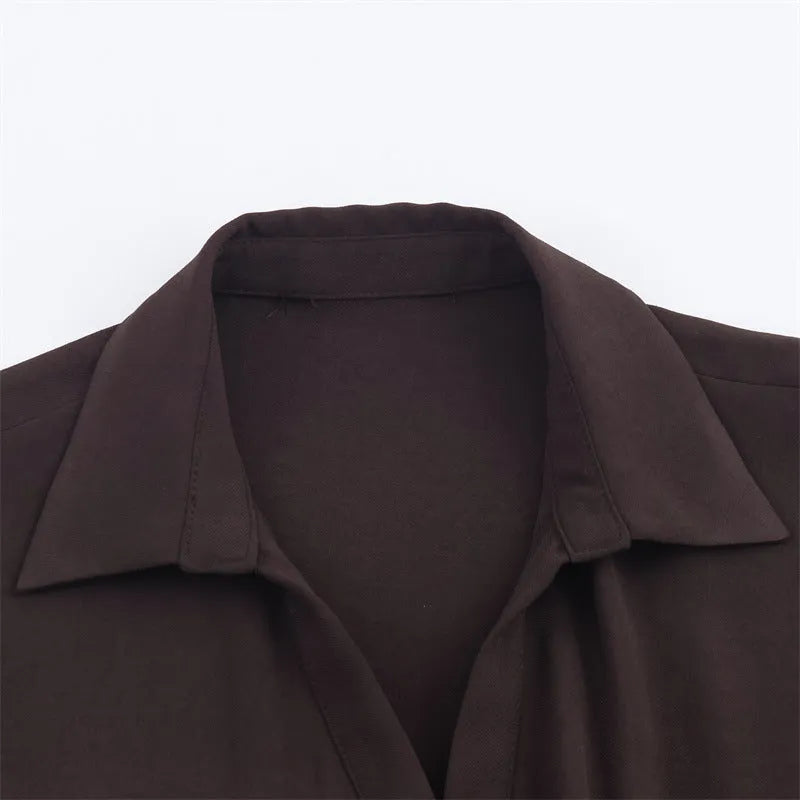 Women's minimalist shirt dress with belt, long sleeves, mid waist, pleated asymmetrical short skirt, nylon, XS to L
