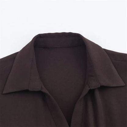 Women's minimalist shirt dress with belt, long sleeves, mid waist, pleated asymmetrical short skirt, nylon, XS to L