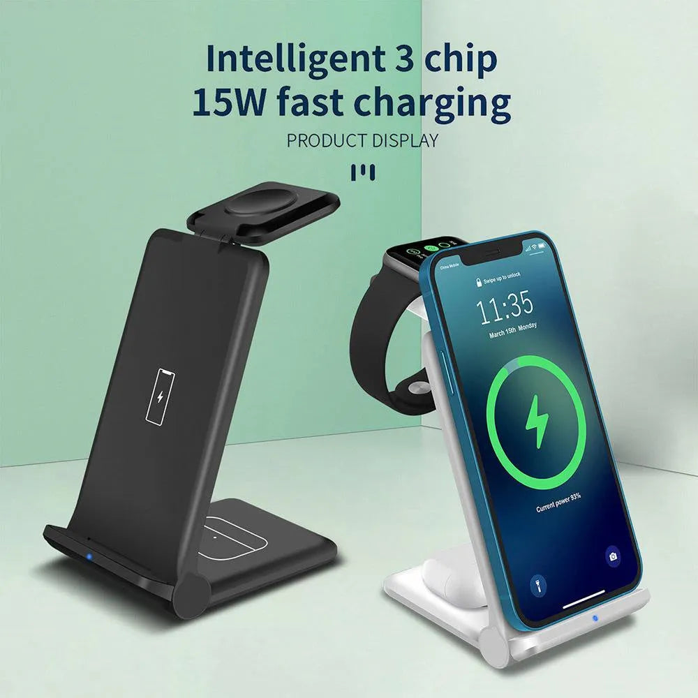Black and white 3-in-1 foldable wireless charging station for phone, watch, and earbuds.