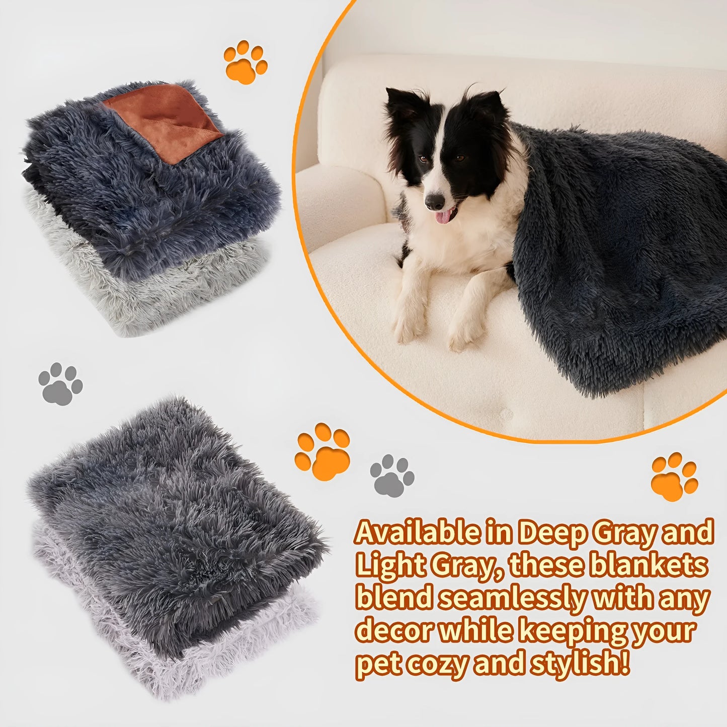 Light grey double-layer velvet plush pet blanket folded on a sofa next to a dog.