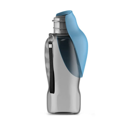 Blue grey portable dog water bottle with fold-out drinking bowl, shown with a wrist strap.