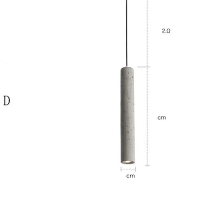 Modern cement rod chandelier with marble body and adjustable suspension hanging from a ceiling