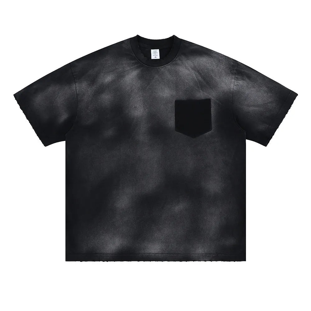 Black men's loose fit cotton t-shirt with letter print and drop-shoulder short sleeves on a hanger.