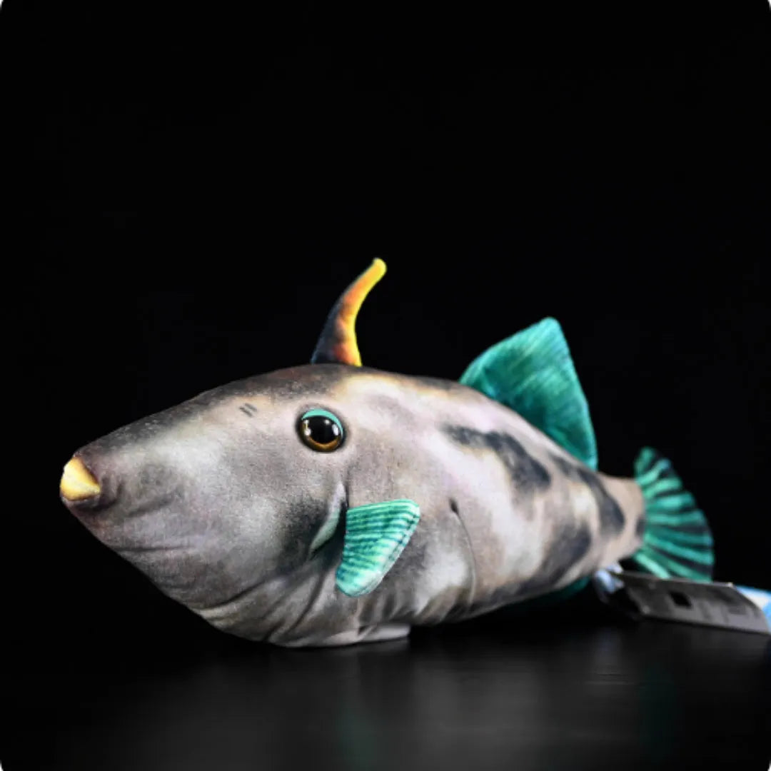 Green fin pufferfish plush toy doll measuring 42cm tall on a white background.