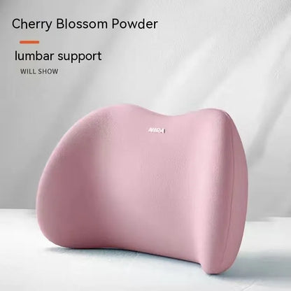 Car headrest pillow and lumbar support pillow set in a choice of five colours on a car seat.