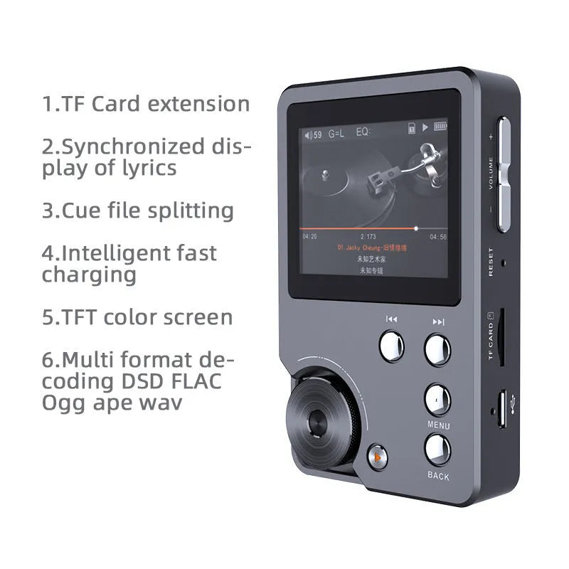 Master HIFI lossless DSD256 music player, Silver Gray, 88 x 56 x 16mm, 2inch screen, USB 2.0