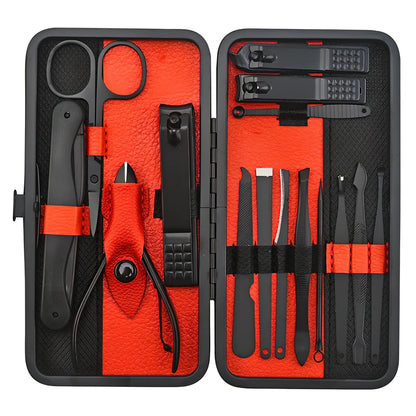 Beauty and manicure nail care kit with stainless steel tools in PU leather case showing multiple grooming implements