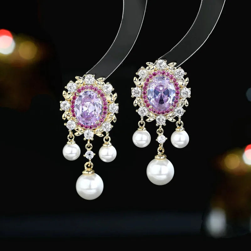 Oval geometric earrings with zircon inlaid details and pearl tassels in light purple colour
