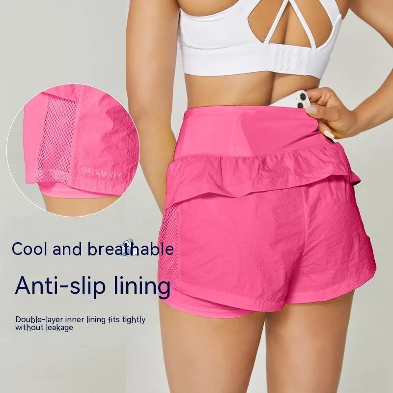 Women's loose fit cotton blend quick-drying sports shorts on a hanger