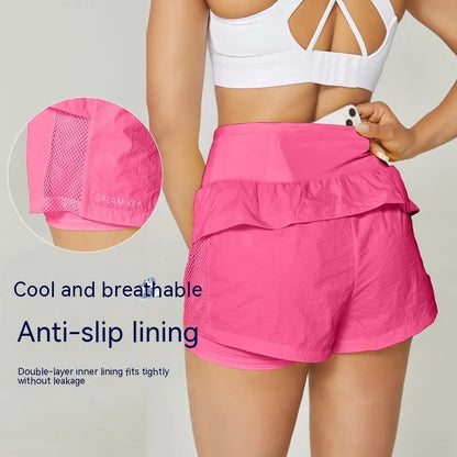 Women's loose fit cotton blend quick-drying sports shorts on a hanger