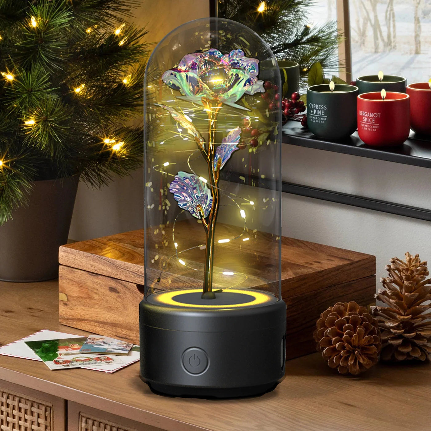 Elegant rose-themed LED light and Bluetooth speaker for romantic ambience and immersive audio experiences
