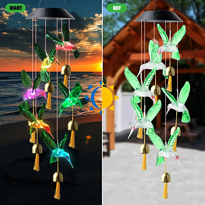 Stunning Color-Changing Solar-Powered Outdoor Wind Chime with Hummingbird and Butterfly Design