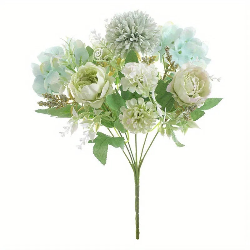 Combination artificial hydrangea flower arrangement in silk and plastic, shown in one of five available colours.