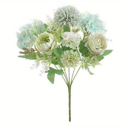 Combination artificial hydrangea flower arrangement in silk and plastic, shown in one of five available colours.