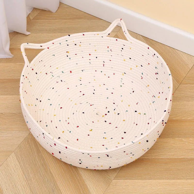 Cotton and hemp rope cat nest mat pet bed, shown in small, medium, and large size options.