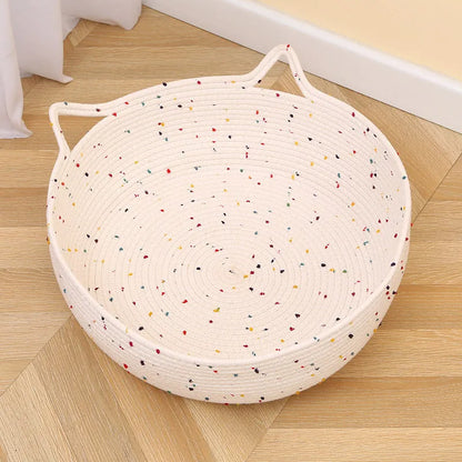 Cotton and hemp rope cat nest mat pet bed, shown in small, medium, and large size options.