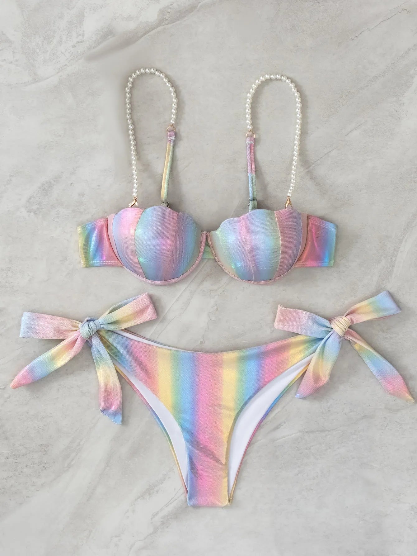 Women's shell rainbow bikini swimsuit with tied front design in polyester fabric for swimming