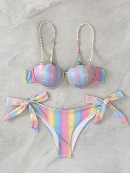 Women's shell rainbow bikini swimsuit with tied front design in polyester fabric for swimming