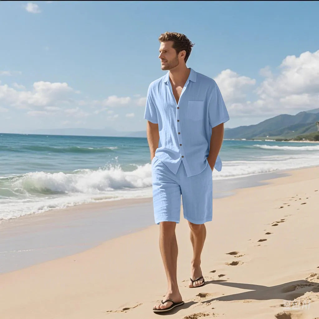 Linen leisure short sleeve shirt and shorts set in hemp blend fabric, available in multiple colours and sizes