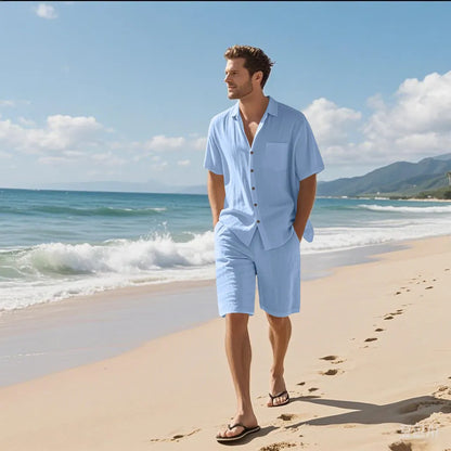 Linen leisure short sleeve shirt and shorts set in hemp blend fabric, available in multiple colours and sizes