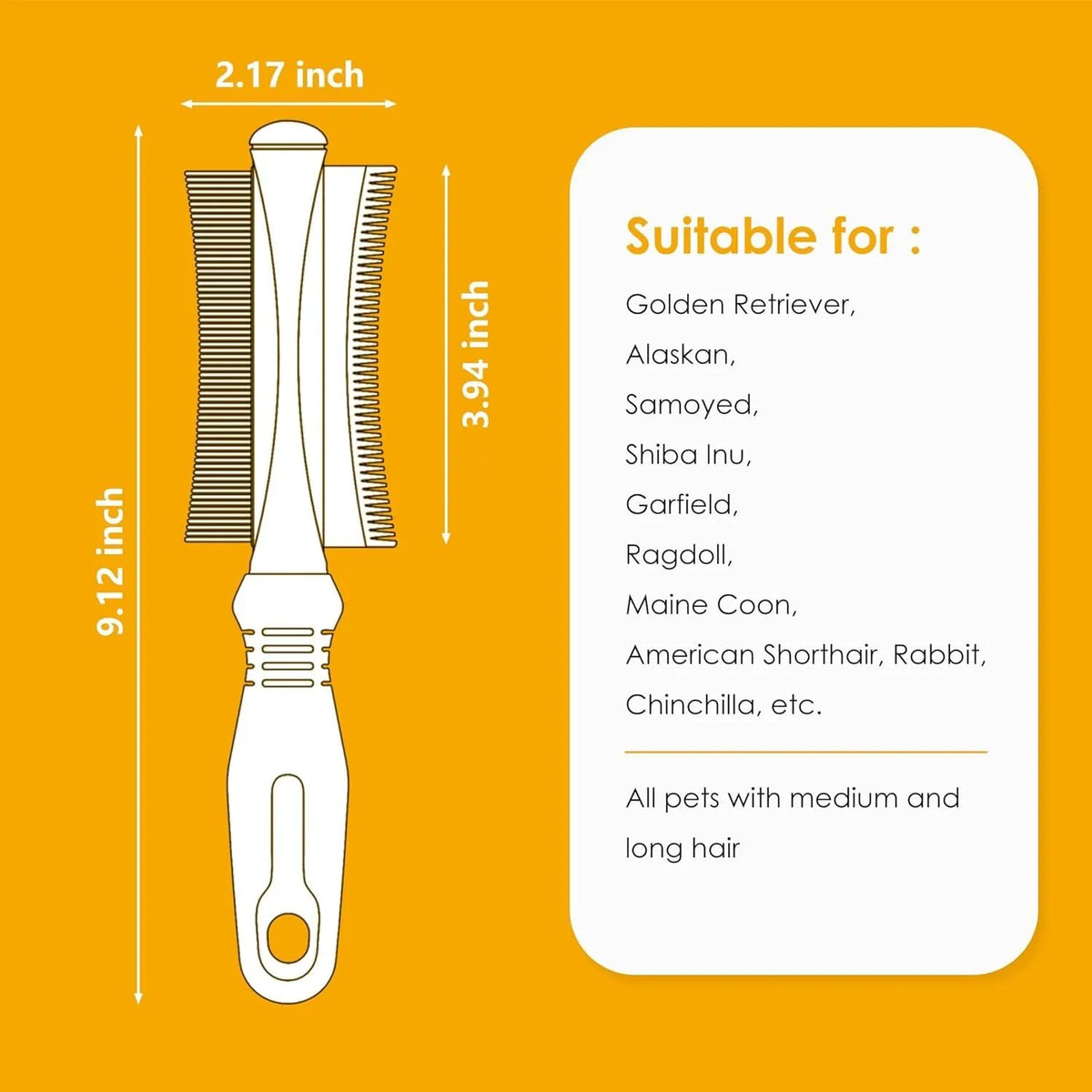 White 2-in-1 dog and cat deshedding brush with grooming comb, curved design, and ergonomic handle