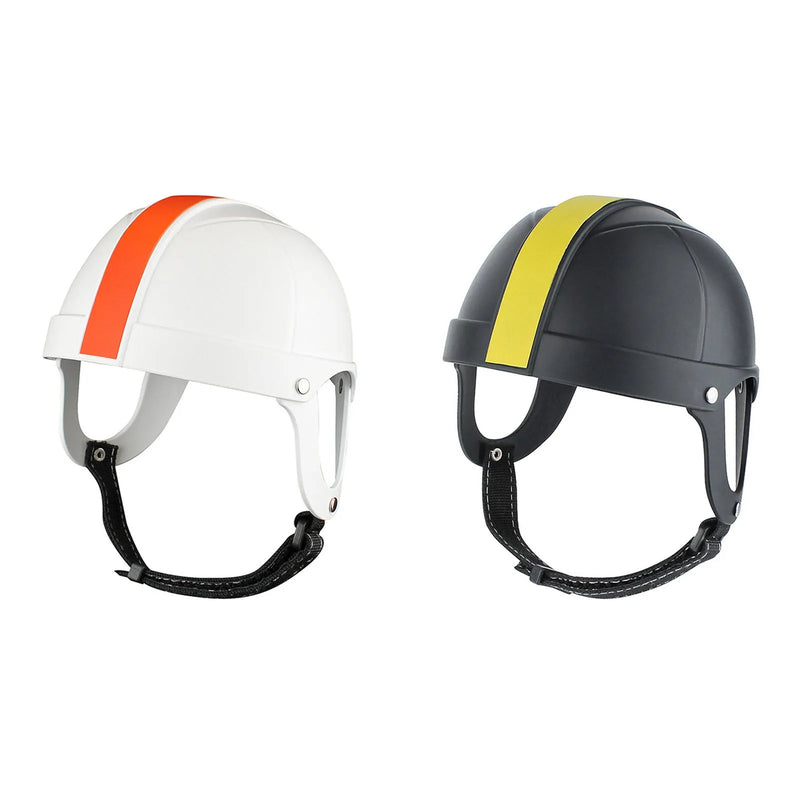 Pet Motorcycle Helmet for small dog or cat riding safety with cotton lining and ABS TPE polyester frame construction available in size S or M and colour options White Orange or Black and Yellow