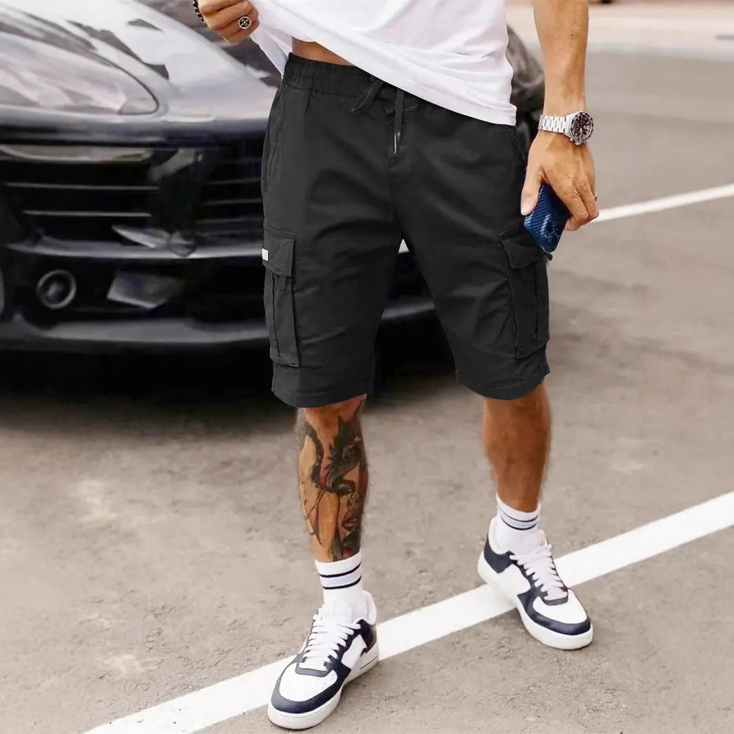 Men's straight cropped workwear shorts in polyester fabric with loose fit for summer wear