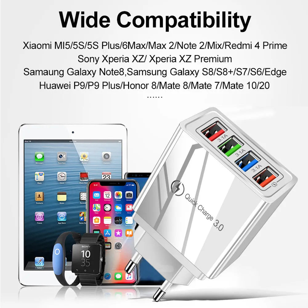 Four-port USB mobile phone charging head with luminous indicator in multiple colour options