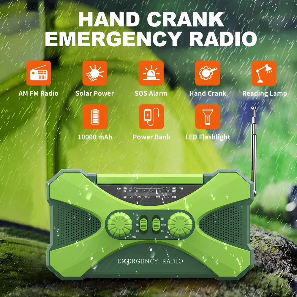 Green 3-in-1 hand crank emergency radio showing AM-FM-NOAA dials, 10000mAh battery, solar panel, reading lamp, and flashlight in 8x9.5x6.5cm portable design